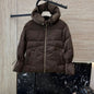 Prada hooded puffer jacket in a chocolate brown color