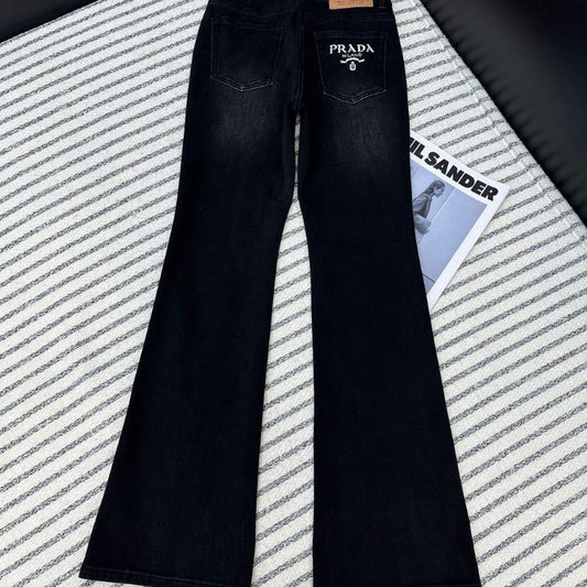 Prada black denim flared jeans.