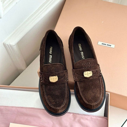 Miu Miu Suede Penny Loafers with a logo plaque
