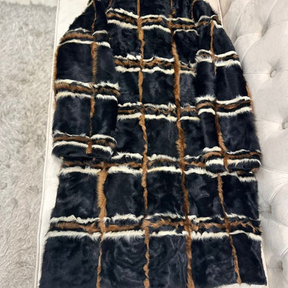 Prada checkered fur coat with a leather collar