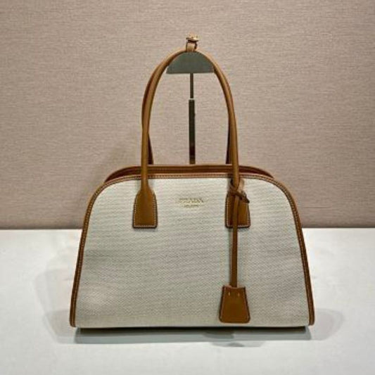 Prada Arqué Canvas and Leather Handbag