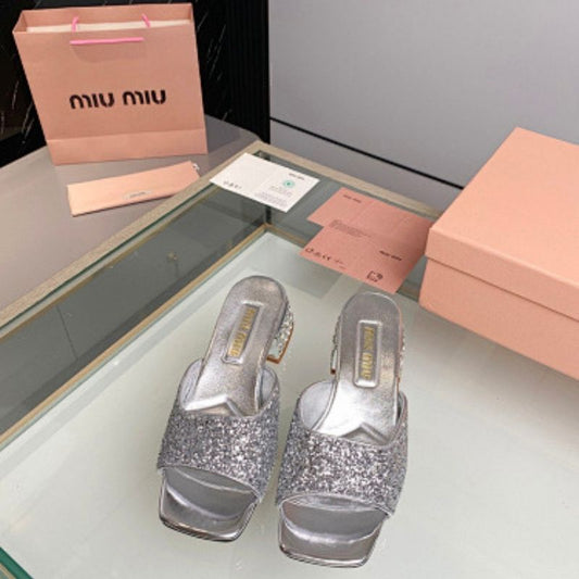 Miu Miu Silver Glitter Chunky-Heel Mules,