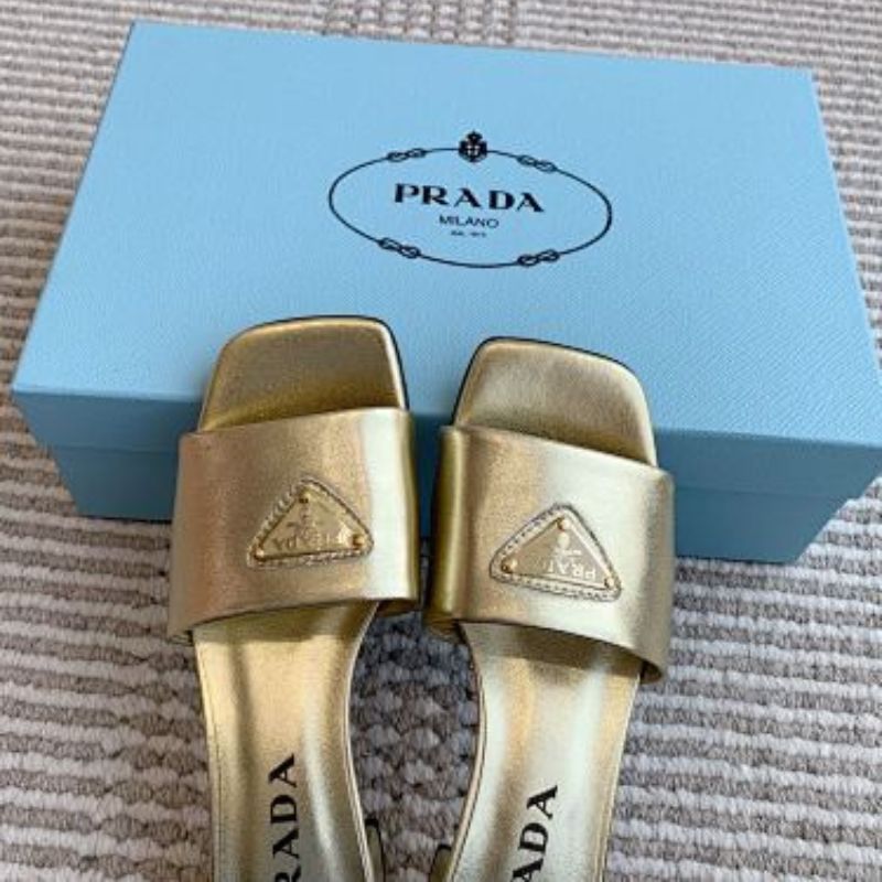 Prada Saffiano Patent Leather Heeled Sandals in a metallic gold