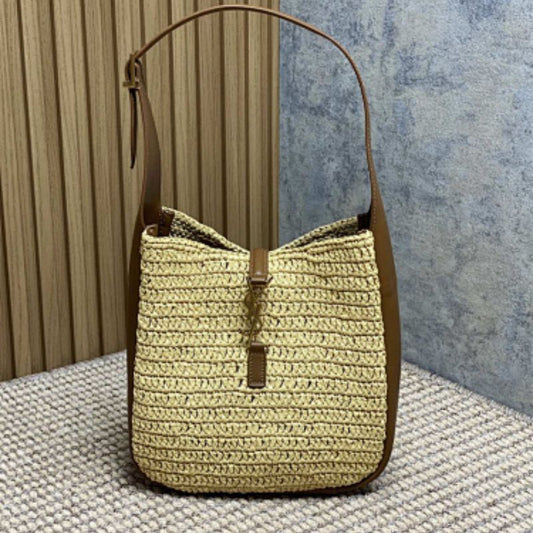 Saint Laurent Le 5 à 7 Soft Hobo in crocheted raffia.
