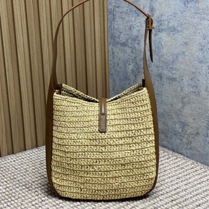 Saint Laurent Le 5 à 7 Soft Hobo in crocheted raffia.