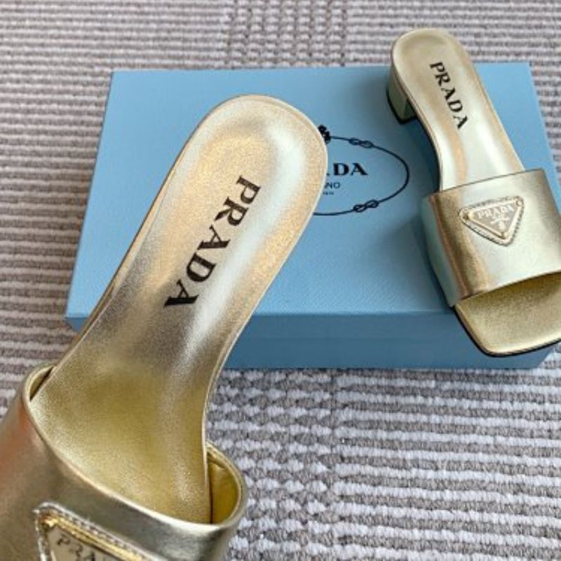 Prada Saffiano Patent Leather Heeled Sandals in a metallic gold