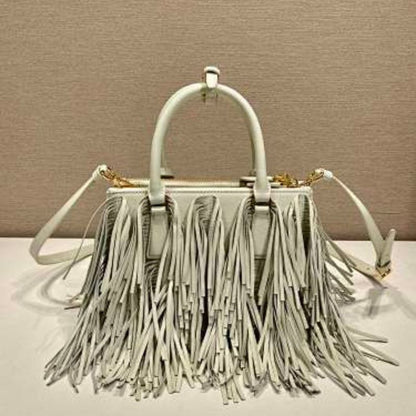 Prada Arqué Fringe Leather Handbag in a light off-white shade.