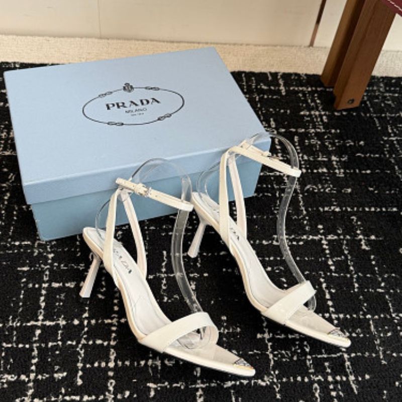 Prada Triangle-Logo Pointed Ankle-Strap Sandals in white
