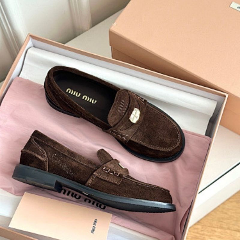 Miu Miu Suede Penny Loafers with a logo plaque