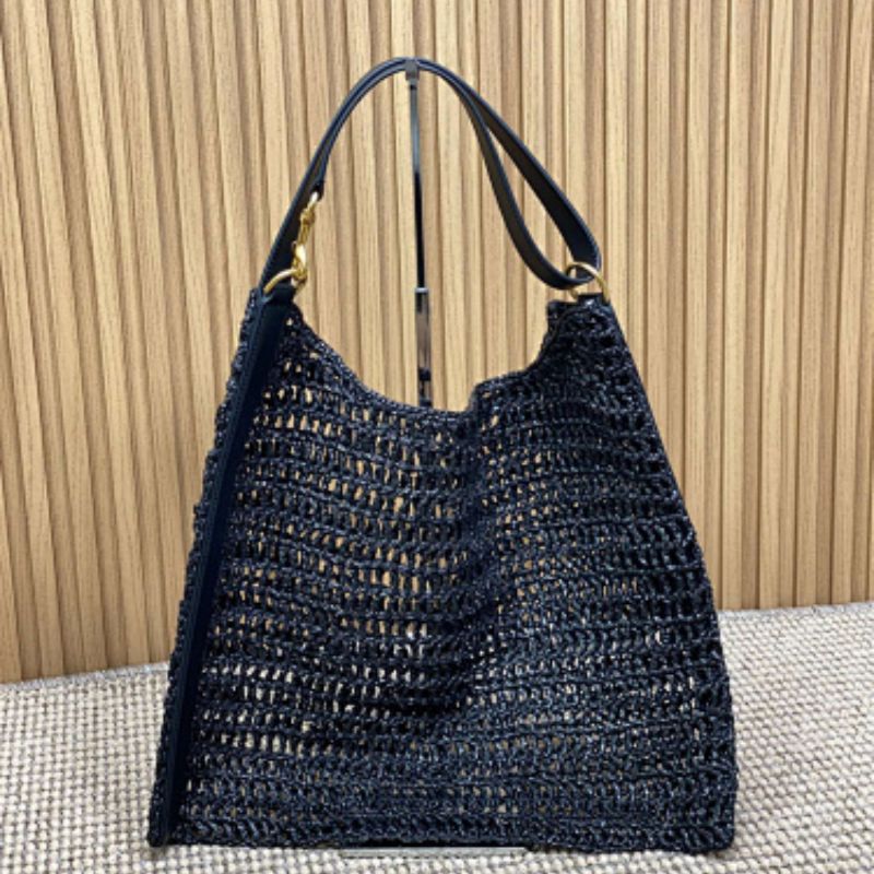 Saint Laurent Oxalis Shoulder Bag raffia macramé in black.