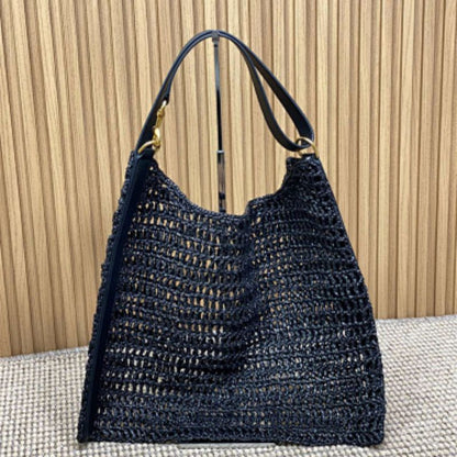Saint Laurent Oxalis Shoulder Bag raffia macramé in black.