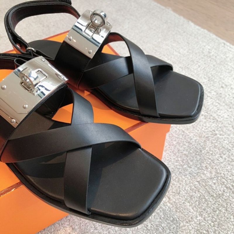 Hermès Empire Flat Sandals in noir (black) calfskin