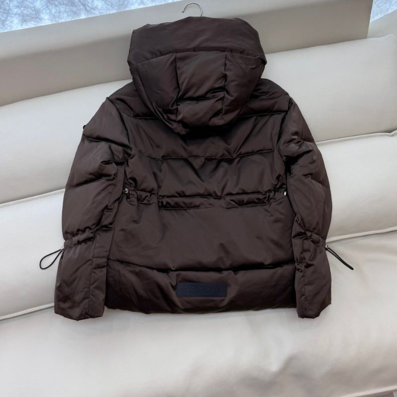 Prada hooded puffer jacket in a chocolate brown color