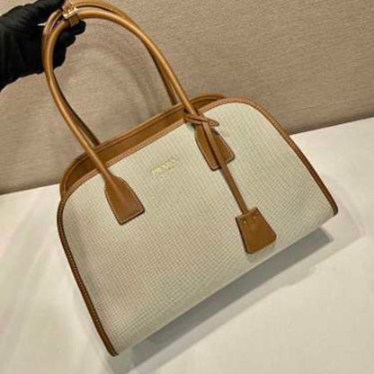 Prada Arqué Canvas and Leather Handbag