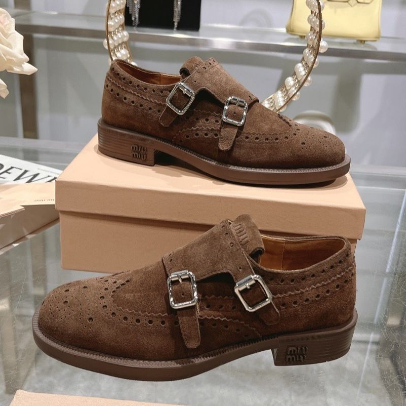 Miu Miu x Church's Double Monk Leather Brogues in brown suede.