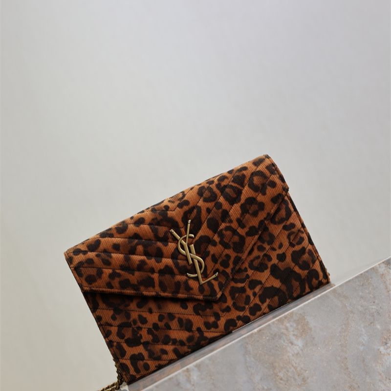 Saint Laurent Cassandre Envelope Chain Wallet with a leopard print.