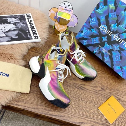 Louis Vuitton LV Archlight Sneaker in a striking multi-color, iridescent finish.