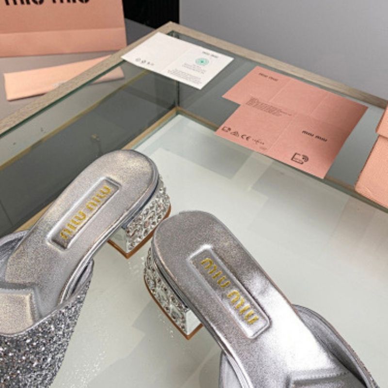 Miu Miu Silver Glitter Chunky-Heel Mules,