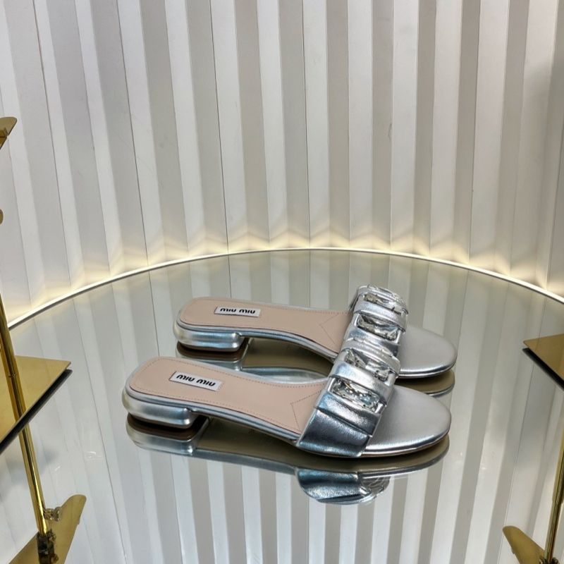 Miu Miu Silver Crystal-Embellished Slide Sandals.