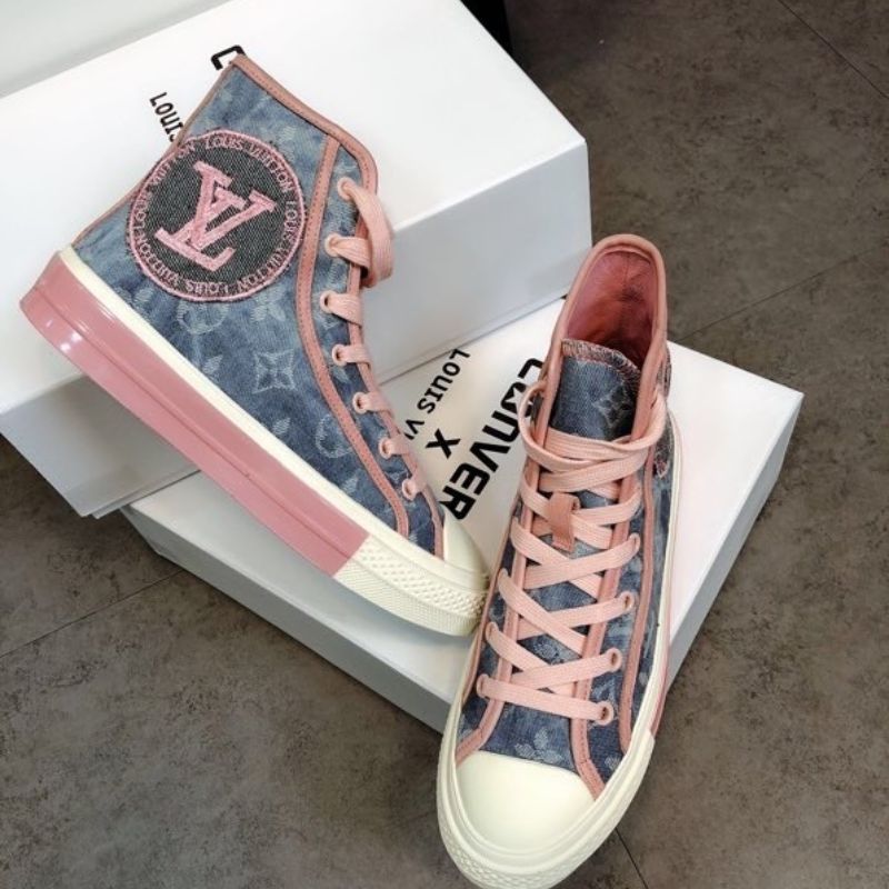 Louis Vuitton monogram print and pink laces.