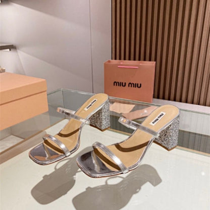 Miu Miu Glitter High Block Heel Sandal