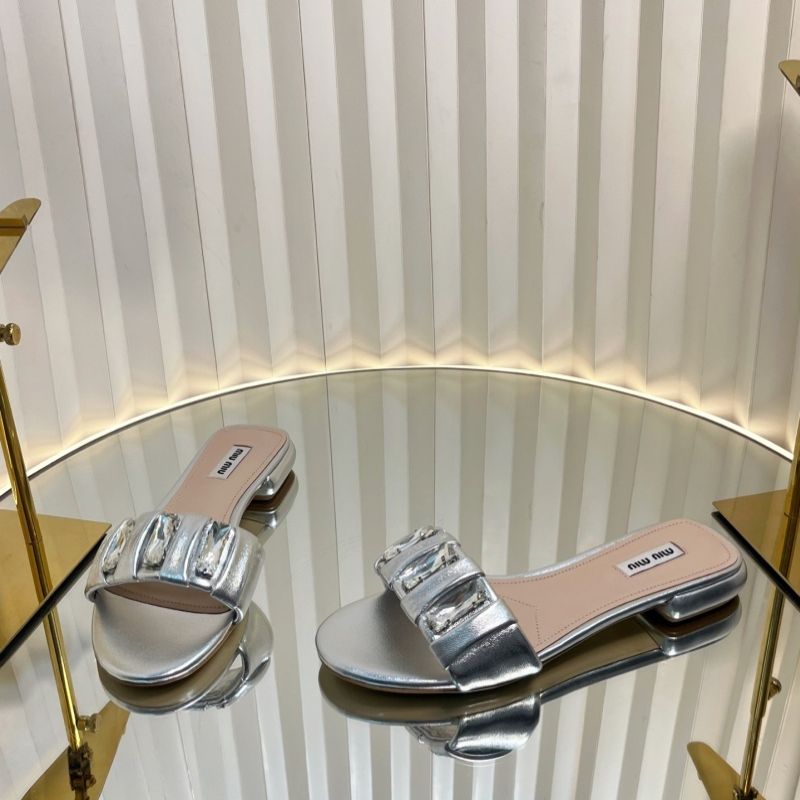 Miu Miu Silver Crystal-Embellished Slide Sandals.