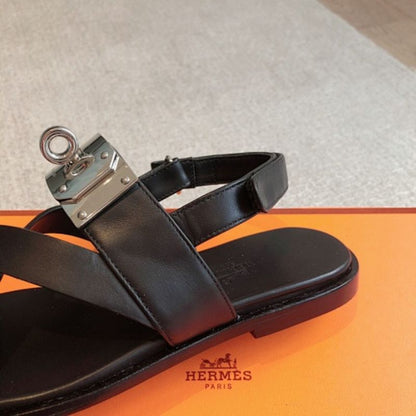 Hermès Empire Flat Sandals in noir (black) calfskin