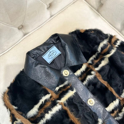 Prada checkered fur coat with a leather collar