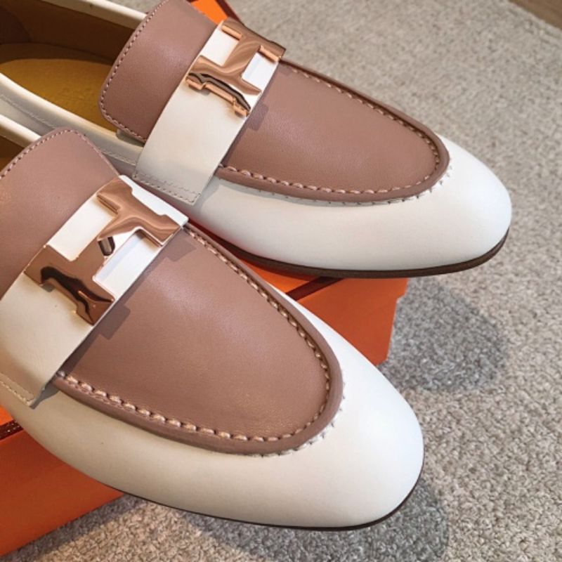 Hermès Paris Loafers in a bi-color white and clay-beige leather combination.
