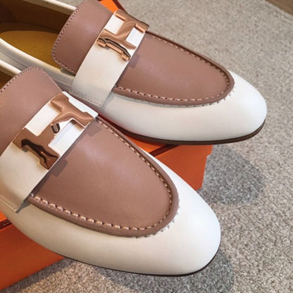 Hermès Paris Loafers in a bi-color white and clay-beige leather combination.