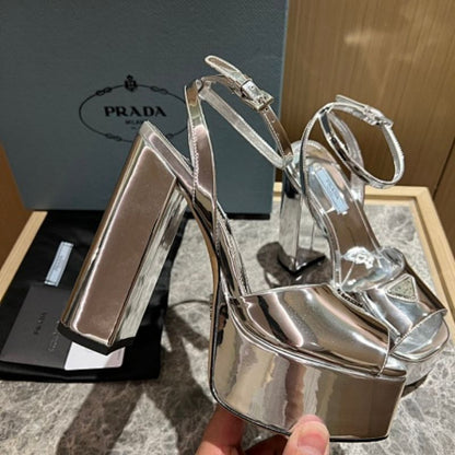 Prada Metallic Leather Platform Sandals in a striking platinum/silver colorway.