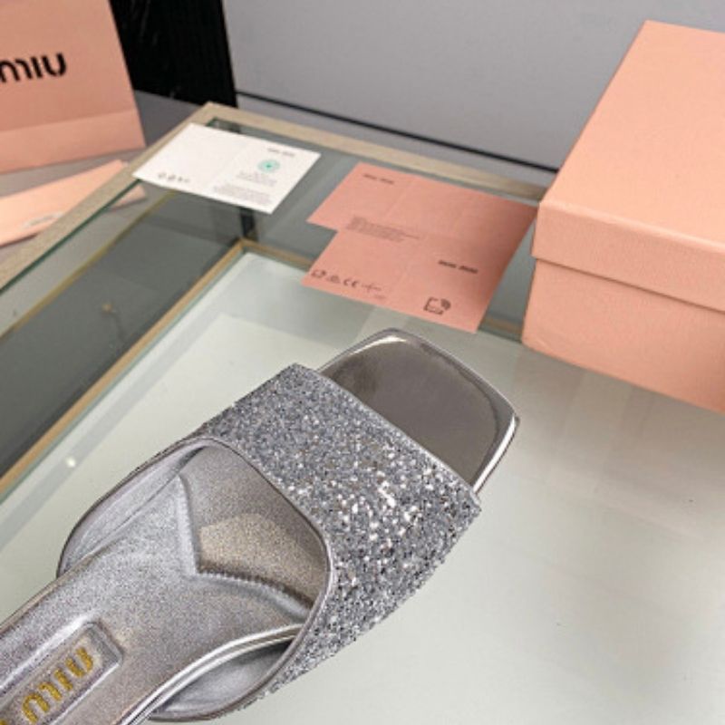 Miu Miu Silver Glitter Chunky-Heel Mules,