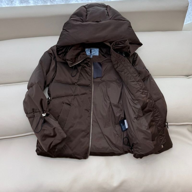 Prada hooded puffer jacket in a chocolate brown color