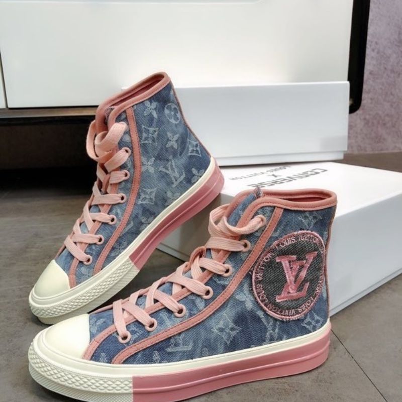 Louis Vuitton monogram print and pink laces.