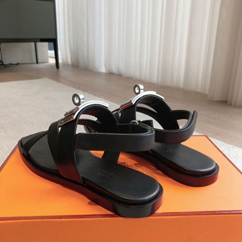 Hermès Empire Flat Sandals in noir (black) calfskin