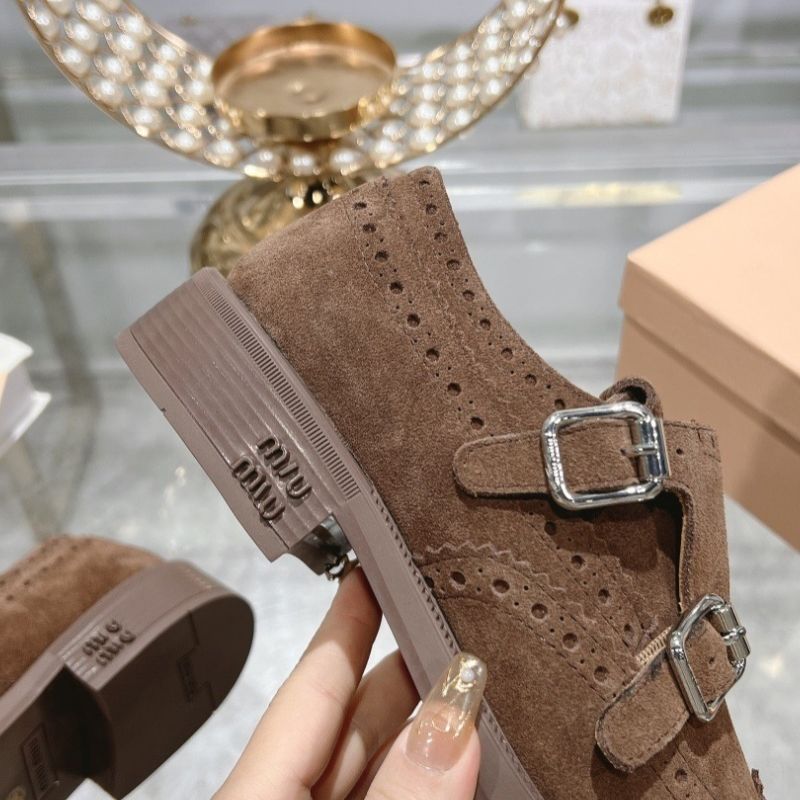 Miu Miu x Church's Double Monk Leather Brogues in brown suede.