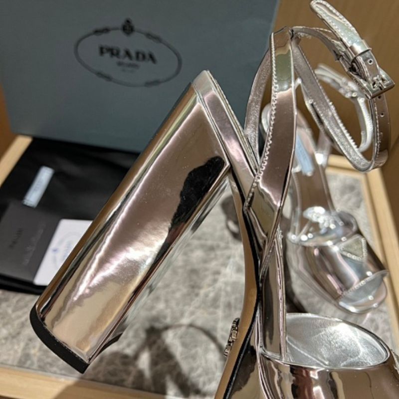 Prada Metallic Leather Platform Sandals in a striking platinum/silver colorway.