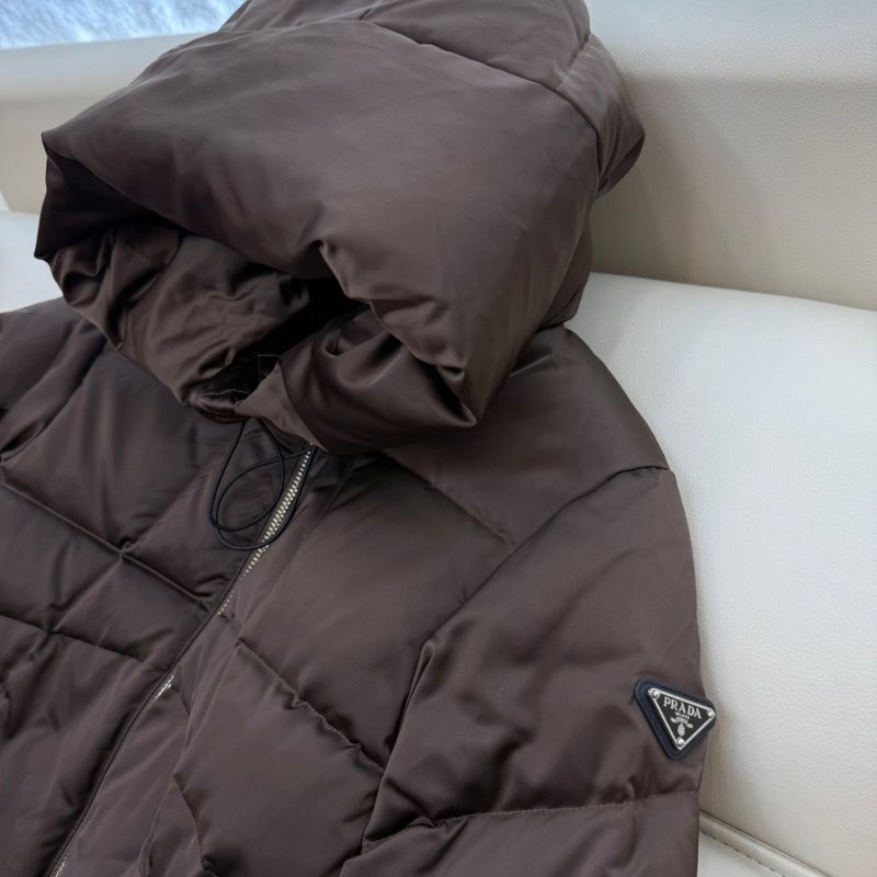 Prada hooded puffer jacket in a chocolate brown color