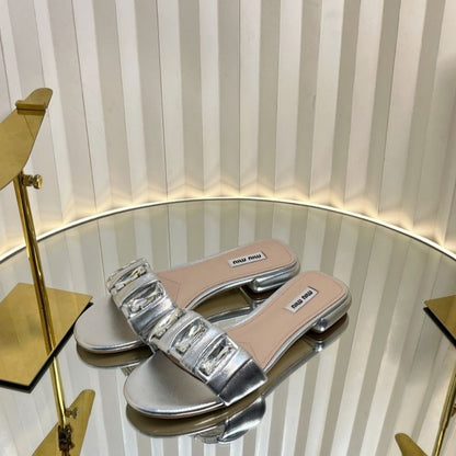 Miu Miu Silver Crystal-Embellished Slide Sandals.