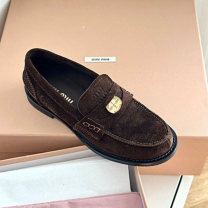 Miu Miu Suede Penny Loafers with a logo plaque
