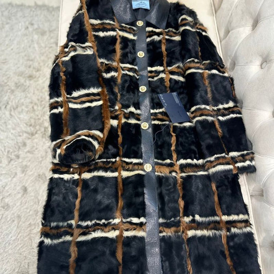 Prada checkered fur coat with a leather collar
