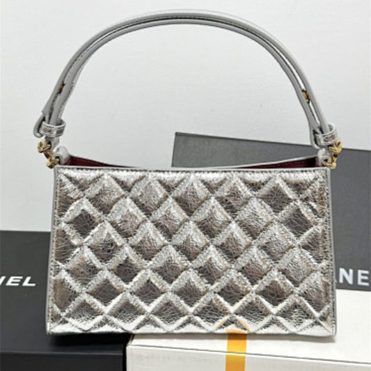 Chanel 26X Holiday Limited Edition Quilted Hobo Bag in metallic silver.