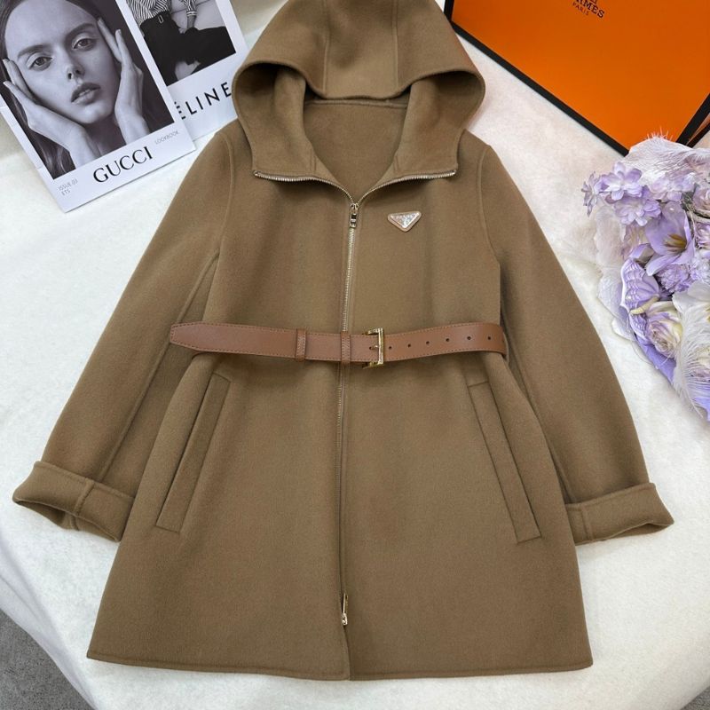 Prada hooded coat with a belt.