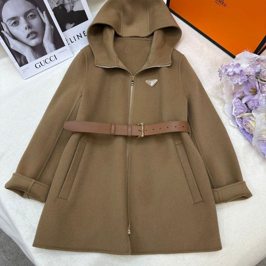 Prada hooded coat with a belt.