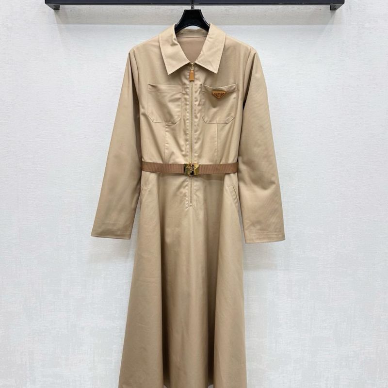 Prada beige midi dress with a belt.