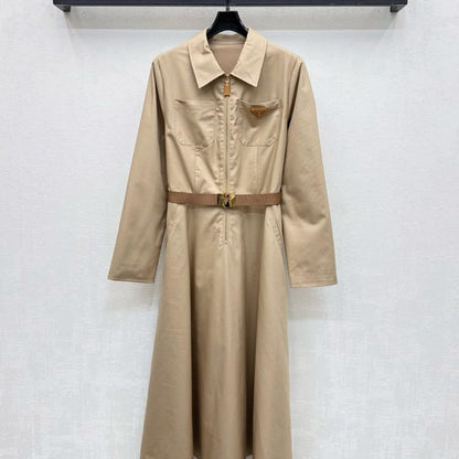 Prada beige midi dress with a belt.