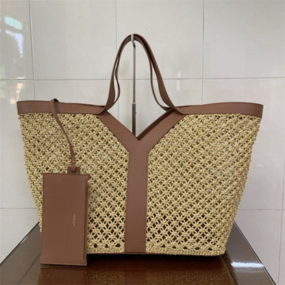 Saint Laurent Y Tote Bag in Raffia Naturel + Brick