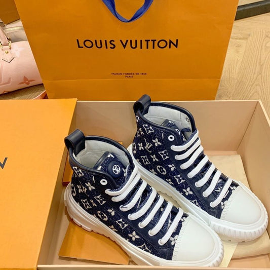 LV Squad Sneaker Boot in the Navy Blue Monogram Denim