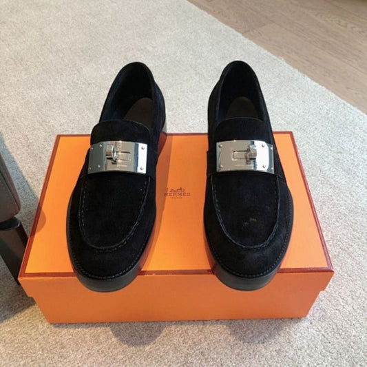 Hermès Dauphine Loafers in noir (black) suede,