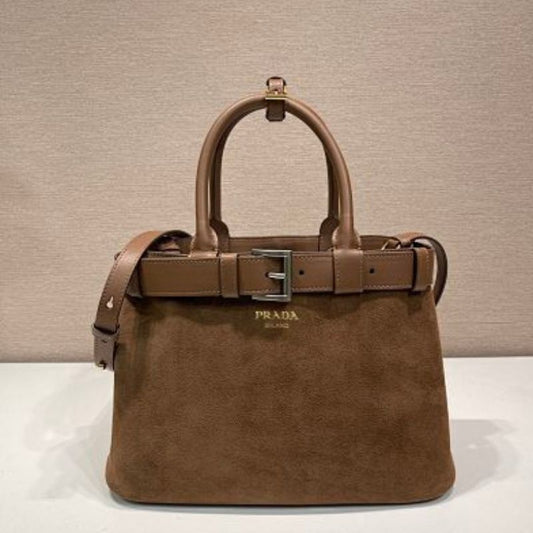 Prada Buckle Medium Suede Tote Bag in Cocoa Brown.